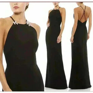 Mac Duggal Halter Criss Cross Column Gown 0 XS Rhinestone Bow Maxi Dress Formal